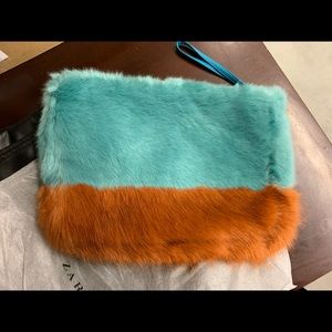 Zara two tone burnt orange aqua faux fur clutch